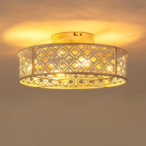 20" Low Profile Flush Mount Ceiling Fan with Remote, Vintage White Floral Caged Ceiling Fan Light, close-up view of metal cage design.