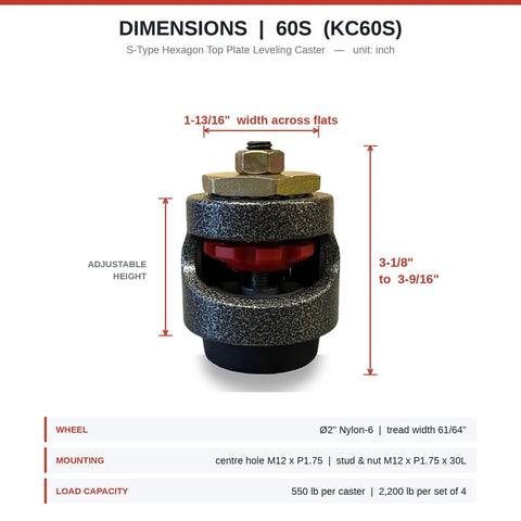 4 Pack Industrial Heavy-Duty Leveling Casters 2200 Lbs Capacity Adjustable Hex Plate Swivel Wheels showing dimensions of caster with adjustable height.