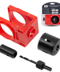 Door Lock Installation Kit For Wooden Doors With Carbon Steel Hole Saw Set And Guide Template Includes Two And One Eighth Inch And One Inch Hole Saws Arbor And Drill Bit For Easy Pro Level Install