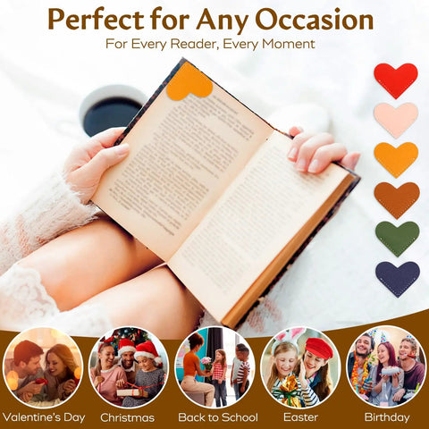 Handcrafted Leather Heart Page Corner Bookmarks For Women Teachers Soft Pu Leather With Clean Stitching Durable Reading Tools displayed on book.