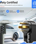 Heavy Duty 60 Amp Male Plug NEMA 14 60P Straight Blade Right Angle Connector With A Slick Comfort Grip in black, side view showcase.