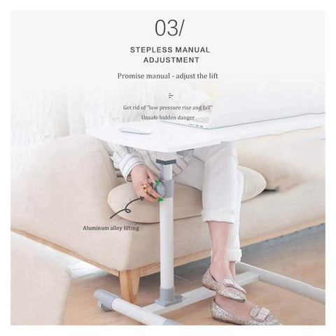 Slick Height Adjustable Laptop Table With Smooth Rolling Locking Casters showing manual adjustment feature near couch.