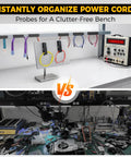 Comparison of organized vs cluttered workbench with cables managed by Third Hand Soldering Clamp With Magnetic Clip