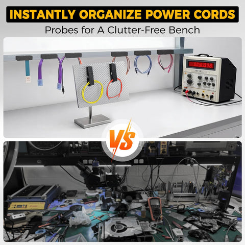 Comparison of organized vs cluttered workbench with cables managed by Third Hand Soldering Clamp With Magnetic Clip