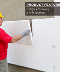 1.5 inch perforated insulation pins with locking washers, galvanized steel; side view of worker installing foam insulation panel.