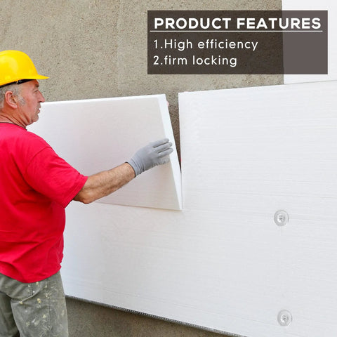 1.5 inch perforated insulation pins with locking washers, galvanized steel; side view of worker installing foam insulation panel.