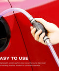 No Sweat Manual Gas Siphon Pump For Effortless Fuel And Oil Transfer With Heavy Duty Dual Pvc Hoses And Smart Check Valve For Quick Auto Workshop Tasks in use with arrow for fluid direction