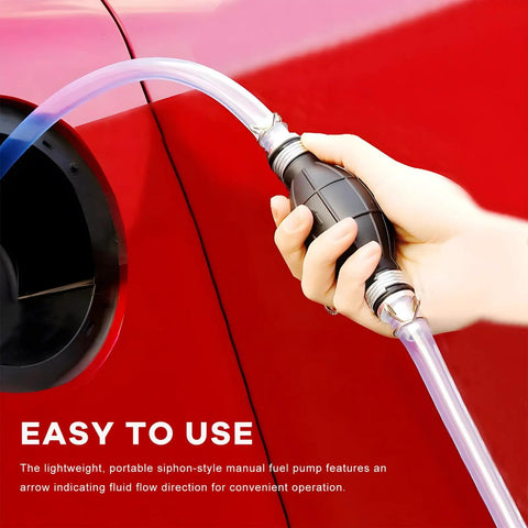 No Sweat Manual Gas Siphon Pump For Effortless Fuel And Oil Transfer With Heavy Duty Dual Pvc Hoses And Smart Check Valve For Quick Auto Workshop Tasks in use with arrow for fluid direction