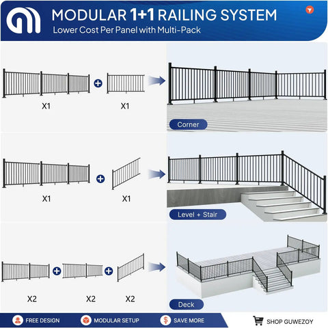 Top Shelf 6063 Aluminum Deck Railing Kit 36 Inch High By 4 Feet Wide Modular Porch Guard setup for corners, stairs, and decks.