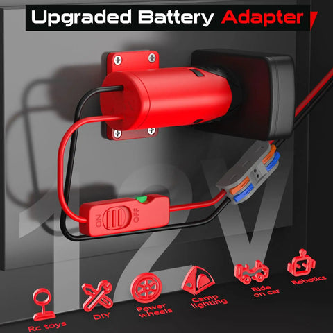 Upgraded Milwaukee 12V Battery Adapter For Ride On Wheel Toys with all-in-one switch and fuse design