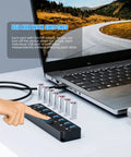 Laptop connected to 7-Port USB 3.0 Hub with 3ft Cable for Laptop PC Surface Pro PS4 and PS5, individual LED on off per port.