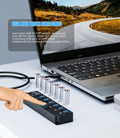 Laptop connected to 7-Port USB 3.0 Hub with 3ft Cable for Laptop PC Surface Pro PS4 and PS5, individual LED on off per port.