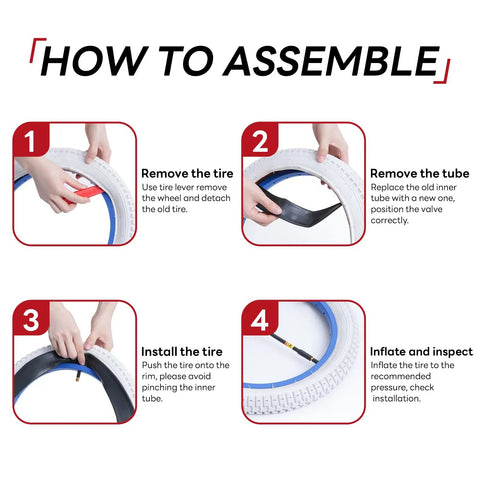 Step-by-step assembly guide for 20 Inch Bike Inner Tube Fits 2.125 To 2.40 Inch Width Tires With Schrader Valve Replacement Tube