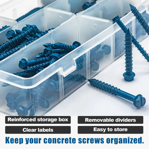 Beefed-Up Concrete Screws Kit With Drill Bits And Driver Bits, 200-Piece Set Of Hex Head Anchors organized in storage box