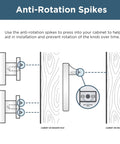 Diagram of champagne bronze gold cabinet knobs 10 pack one and one quarter inch beveled hardware showing anti-rotation spikes feature.