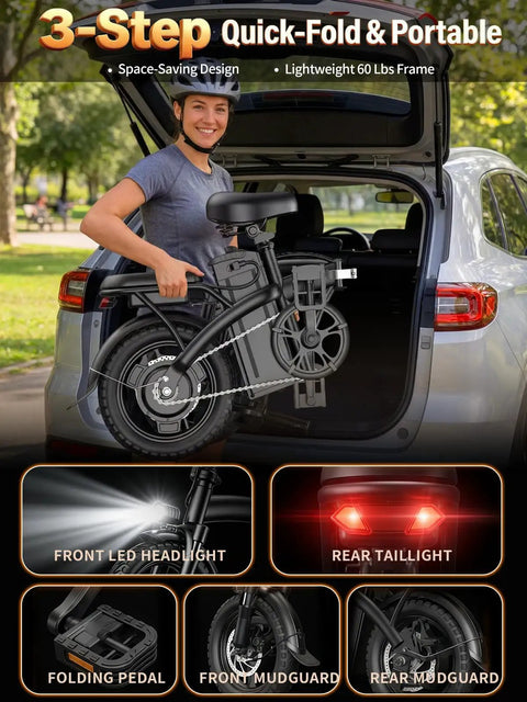Woman folding Powerful 1200W Folding Electric Bike For Adults with quick-fold design into a car trunk, highlighting portability.