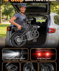 Person placing Peak 1200W Folding Electric Bike For Adults And Teens, 48V 10A Battery into car trunk, showcasing portability.