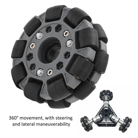 100mm double-plastic omni wheel with rubber rollers for robot platform, 360° mobility.
