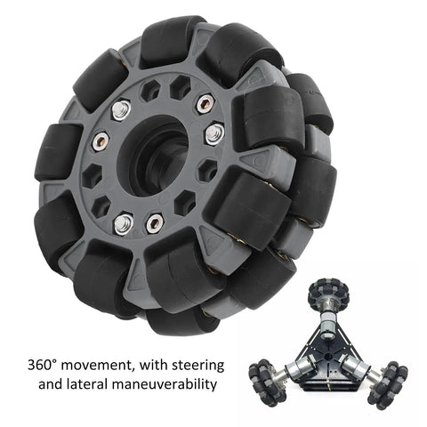 100mm Double Plastic Omnidirectional Wheel For Robotics, 360-Degree Movement With Rubber Rollers For Stability, Rugged Nylon Body With Brass Bearings, Pro Grade Rig Ready For Robot Racing Projects.