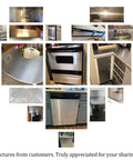 Collage of extra wide stainless steel look contact paper for kitchen counters and appliances DIY friendly peel and stick 197 by 24 inches waterproof