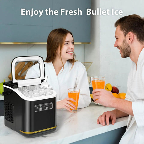 Couple enjoying drinks beside Countertop Ice Maker Machine Portable Compact Bullet Ice Maker With Self Cleaning 9 Ice Cubes In 6 Minutes 26 Lbs Per Day Quiet Under 35 Decibel Ideal For Home And Kitchen Black on counter