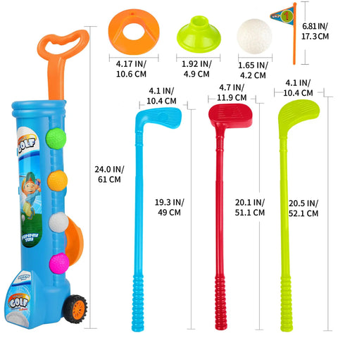 Toddler Golf Club Set With Pull Cart For Little Pros Ages One To Five Includes Super Lightweight Gear and Soft Ball, includes colorful clubs and balls.