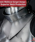 Close-up of Bevor Armor In 16 Gauge Steel With Polished Finish For Full Face And Neck Protection, visible leather strap and buckle.