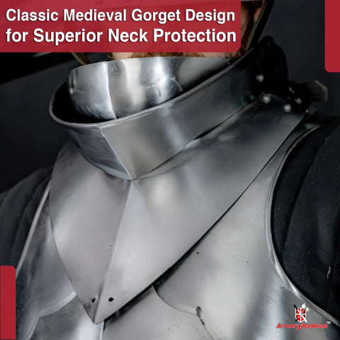 Close-up of Bevor Armor In 16 Gauge Steel With Polished Finish For Full Face And Neck Protection, visible leather strap and buckle.