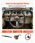 Old boat helm and dashboard with signs of wear, showing corroded cables, cracked steering helm, and delayed steering issues.