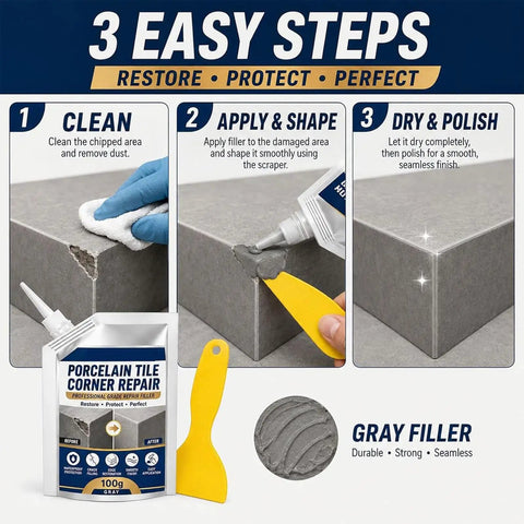 Step-by-step guide for using Nails Your Tile Repair Game Waterproof Stone Corner Filler Gray Crack Compound for repairs.