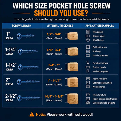 Pro Grade Pocket Hole Screws Kit With 720 Pieces In Five Sizes Eight By One Inch guide for choosing screw sizes by material thickness