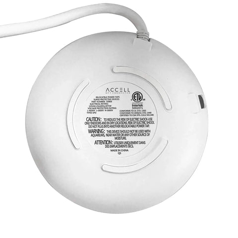 Bottom view of Six Outlet Surge Protector With USB Charging Station 1080 Joules 6 Ft Cord, showing safety warnings.