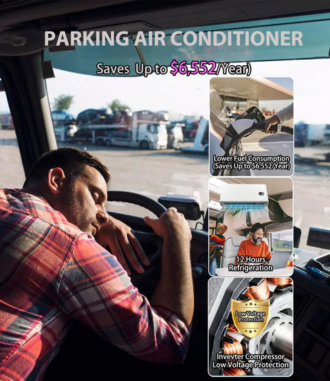Man sleeping in truck cab with benefits of 12V Brushless Mini Split AC for Trucks and RVs displayed on screen.