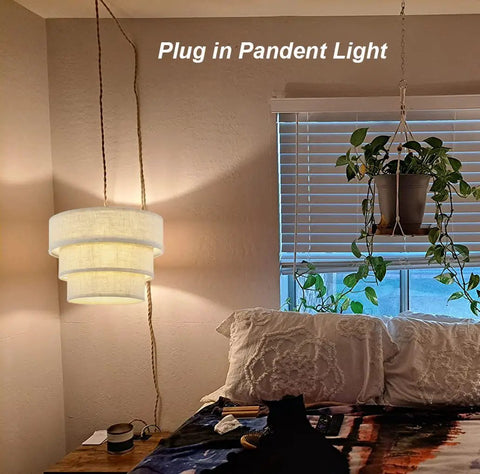 Three Tier Drum Linen Plug In Pendant Light With Fifteen Foot Hemp Rope Cord E26 Dimmer Switch Hanging Fixture for bedroom
