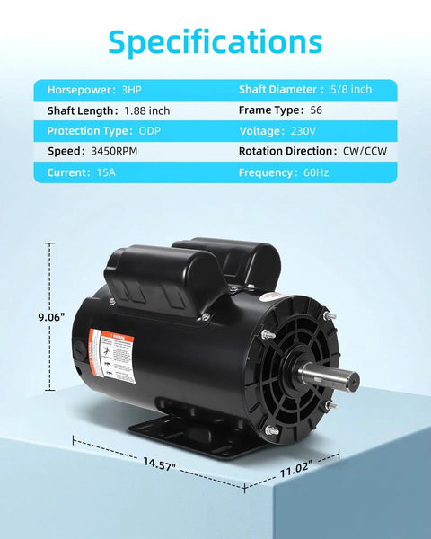 3HP Air Compressor Electric Motor 230V 17.6 Amps 56 Frame 3450 RPM 5 By 8 Keyed Shaft 1.88 Inch Shaft Length Single Phase CW CCW Rotation