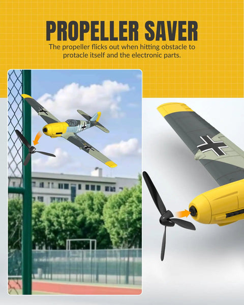 Yellow RC Plane BF109 Fighter 4 Channel RC Aircraft With Aileron And Gyro Stabilizer in flight, showing propeller saver feature.