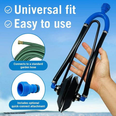 Hand holding Dual Flow Water Muffs For Outboard Motors, Dockside Ready Double Sided Engine Flush Kit With Hose Adapter
