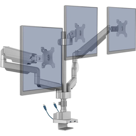 Clean Workspace Upgrade Featuring Versatile Triple Monitor Pole Stand With Rock Solid Build And Smooth Glide Swivel Tilt Control Plus Integrated Usb Charging Ports For Effortless Grommet Installation Gray