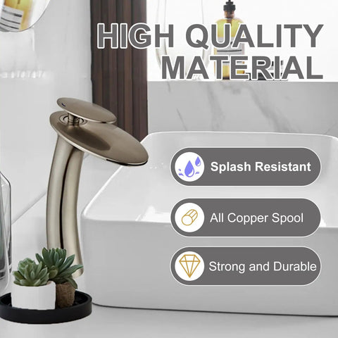 Brushed Nickel Waterfall Bathroom Faucet With Single Handle And Single Hole Brass Lavatory Vanity Vessel Faucet next to sink