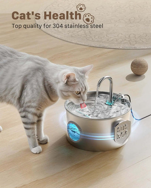 Cat drinking from Stainless Steel Cat Water Fountain For Quiet Hydration And Easy Living, 74oz 2.2L Pet Fountain with filters