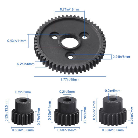 Heavy Duty Metal Spur Gear Kit 54T 32P With 15T 17T 19T Pinions For Slash 4x4 4WD VXL Rally Stampede 4x4 VXL Summit E Revo T Maxx Rustler 4x4 VXL Upgrade Set With 5mm Shaft Hole And 3 Couplers, displayed with measurements