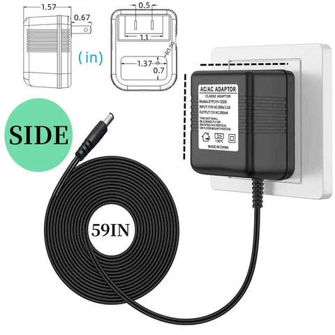 Side view of 12V Power Adapter For Drinkwell 360 Water Fountain Dog And Cat with 59 inch cord and fireproof safety features.