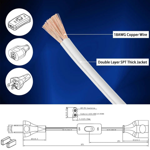 Diagram of Indoor Six Foot Extension Cord With Built In On Off Switch, Two Prong Polarized Plug, 18 AWG Copper Wire, UL Listed