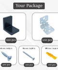 Heavy Duty Stainless Steel L Brackets With Black Protective Caps Pack Of 100 Anti Tip Shelf Brackets For Built Tough Storage with included screws.