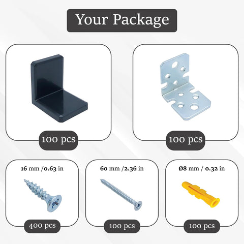 Heavy Duty Stainless Steel L Brackets With Black Protective Caps Pack Of 100 Anti Tip Shelf Brackets For Built Tough Storage with included screws.