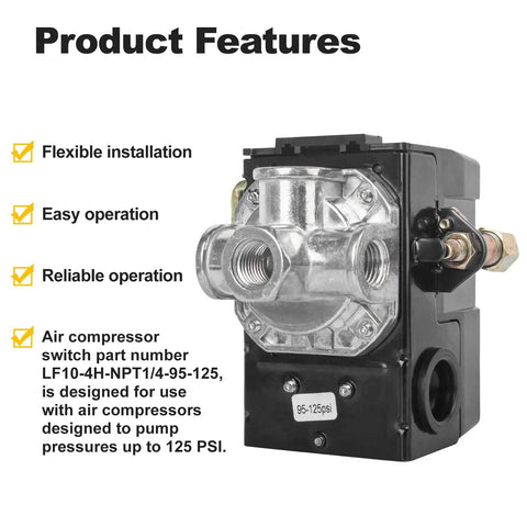 Four Port Air Compressor Pressure Switch Replacement Control NPT Quarter Inch 95 to 125 PSI 20A with flexible installation