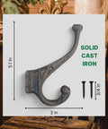 Old School Cast Iron Wall Hooks Solid Five Pack Heavy Duty Rustic Design Knockout Vintage Finish Built Tough For Hanging Coats Keys Robes And Bags Comes With All Necessary Mounting Hardware Perfect For Entryways Bathrooms And Bedrooms, showing 5.1 in x 3 in dimensions.