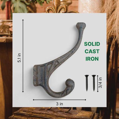 Old School Cast Iron Wall Hooks Solid Five Pack Heavy Duty Rustic Design Knockout Vintage Finish Built Tough For Hanging Coats Keys Robes And Bags Comes With All Necessary Mounting Hardware Perfect For Entryways Bathrooms And Bedrooms, showing 5.1 in x 3 in dimensions.
