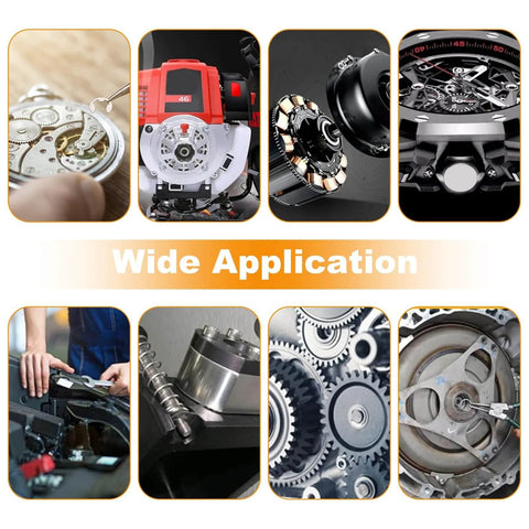 Various applications of 200Pcs M5 E Clip Circlip Retaining Rings Set Stainless Steel 304 in automotive, gears, and machinery.