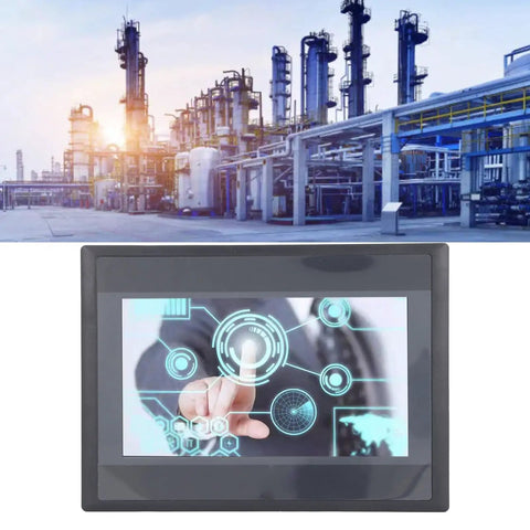 7 Inch HMI Display Panel With TFT LCD 12 Inputs 8 Outputs FX3U 20 40 48MRT Compatible Easy Install Plug and Play Ready ARM9 Processor IP65 Rugged Industrial Touch Panel For Automation shown with factory scene